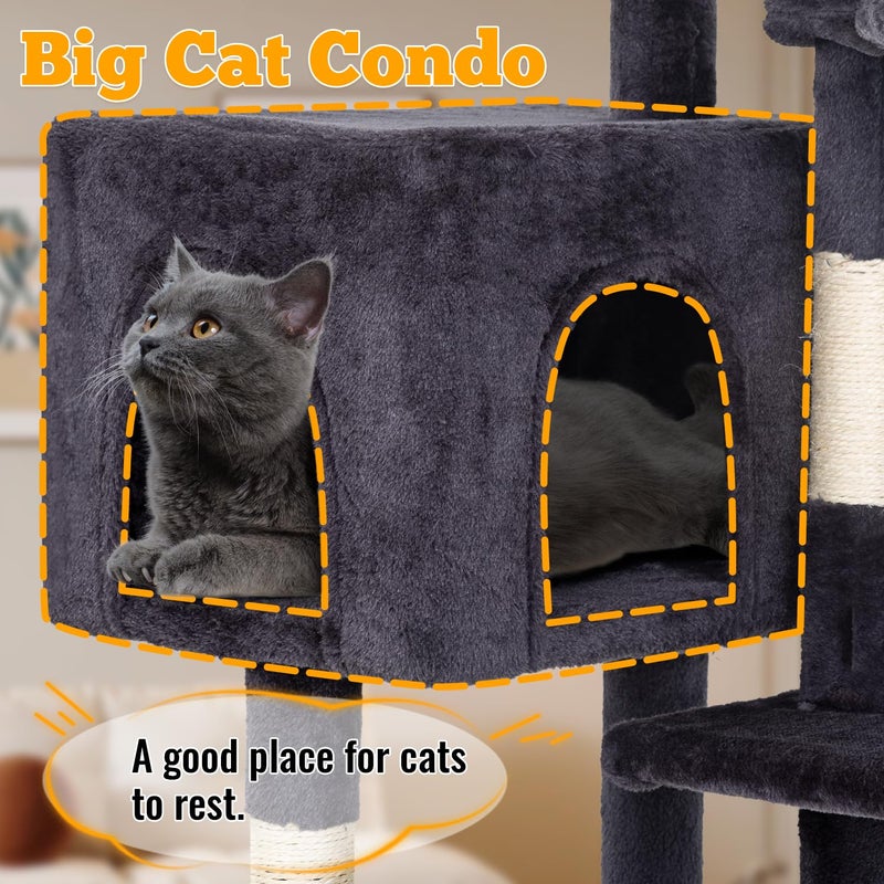 FDW | 37.8" Cat Tree Tower | Dark Gray | Multi-Level Indoor Activity Center with Sisal Scratching Posts, Condos, Plush Perches, Hanging Cat Toys | Sturdy, Easy to Assemble | for Kittens & Adult Cats - Image 5