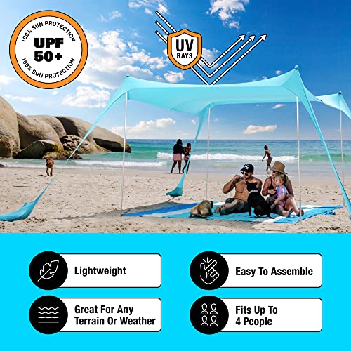 SUN NINJA Beach Tent Sun Shelter UPF50+ - Easy Pop Up Beach Canopy - Outdoor Shade for Camping Trips, Fishing, Backyard Fun Picnics - Sand Shovel, Ground Pegs & Stability Poles - Image 2