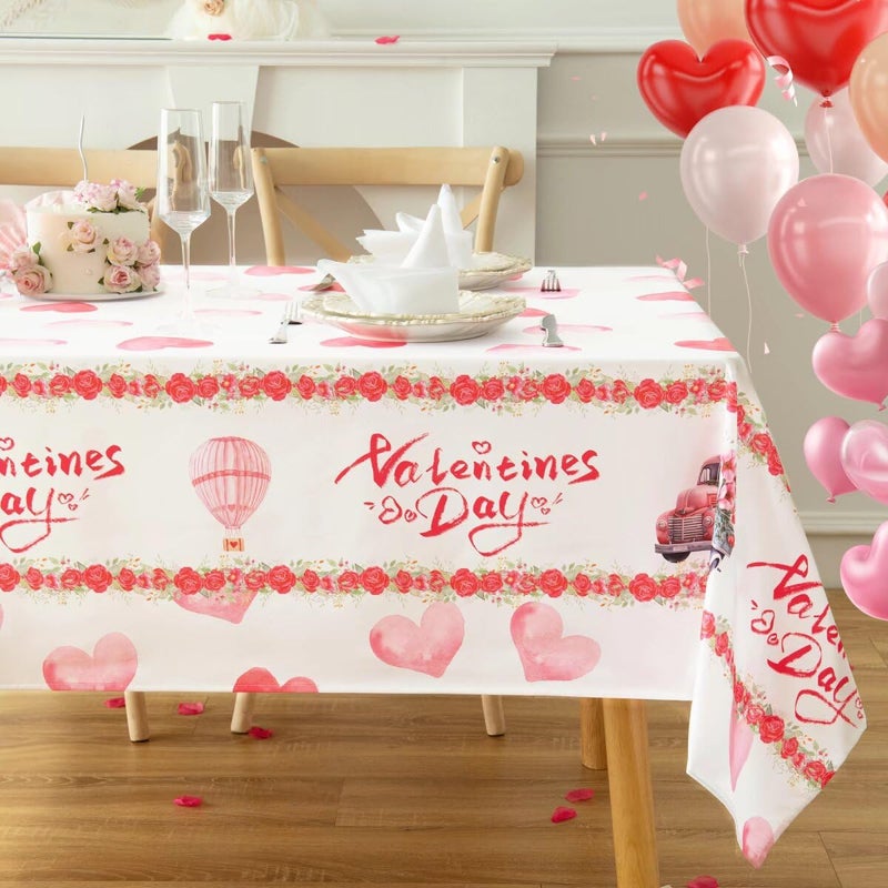 Karseteli Rectangle Valentine's Day Tablecloth, Happy Valentine's Day Truck with Roses Table Cloth, Washable Holiday Microfiber Table Cover for Party Picnic Dinner Decor, 60 Inch x 84 Inch - Image 1