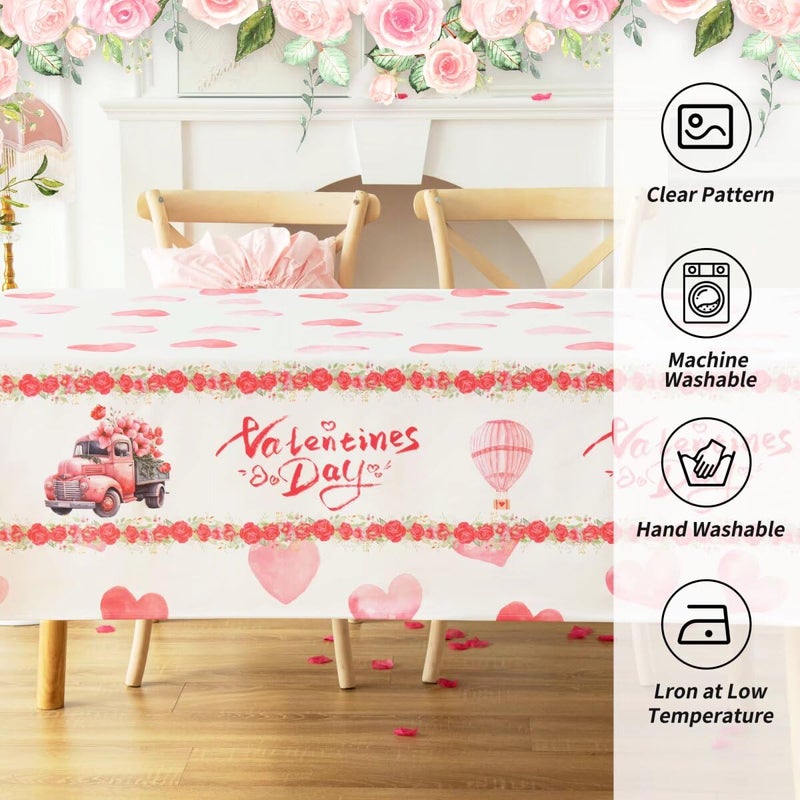 Karseteli Rectangle Valentine's Day Tablecloth, Happy Valentine's Day Truck with Roses Table Cloth, Washable Holiday Microfiber Table Cover for Party Picnic Dinner Decor, 60 Inch x 84 Inch - Image 4