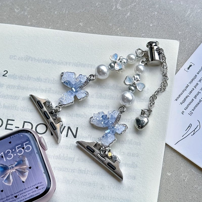 Women Butterfly Ice Blue Crushed Pearl Metal Watch Band 38mm 40mm 41mm 42mm iWatch Strap - Image 1