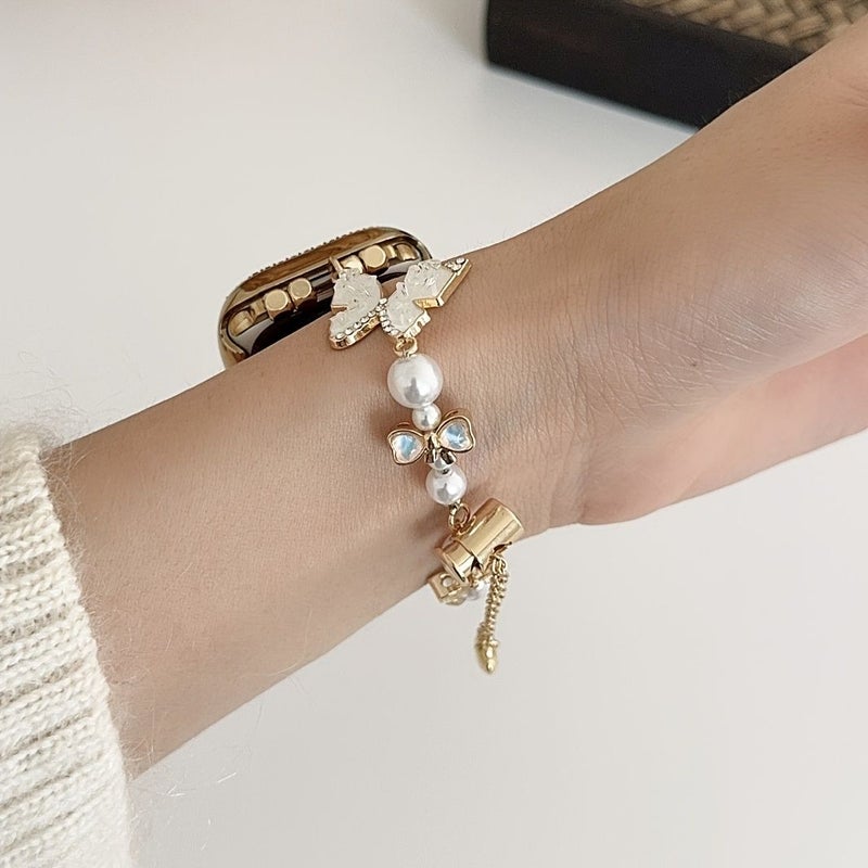 Women Butterfly Ice Blue Crushed Pearl Metal Watch Band 38mm 40mm 41mm 42mm iWatch Strap - Image 4