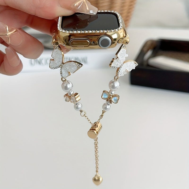 Women Butterfly Ice Blue Crushed Pearl Metal Watch Band 38mm 40mm 41mm 42mm iWatch Strap - Image 5