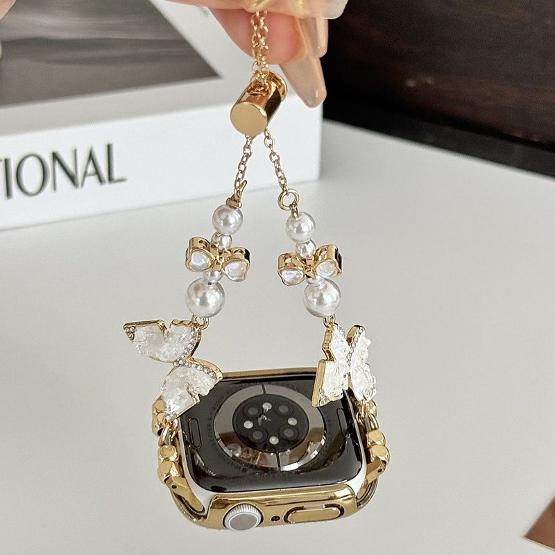 Women Butterfly Ice Blue Crushed Pearl Metal Watch Band 38mm 40mm 41mm 42mm iWatch Strap - Image 3