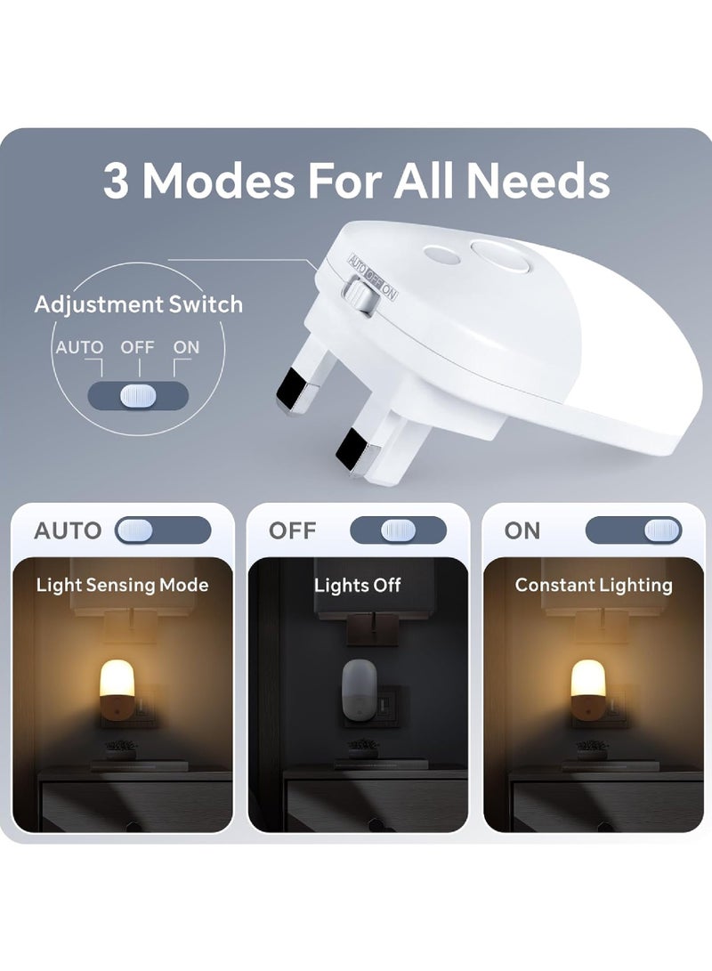 Rock Pow LED Night Light 2700K 2PCS, Night Lights with 3 Adjustable Brightness Modes Smart Light Sensor 0.5W Warm Yellow Light UK Plug Night Lamp for Bathroom Corridor Bedroom Staircase (Ellipse) - Image 3