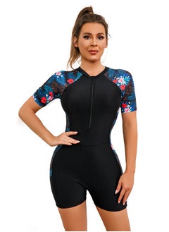 Al Aoyama women one-piece zippered sports swimsuit，short sleeves blue leaves print  - Image 1