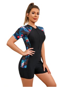 Al Aoyama women one-piece zippered sports swimsuit，short sleeves blue leaves print  - Image 2