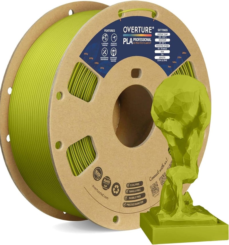 OVERTURE خيوط PLA Plus (PLA+) بقطر 1.75 مم، أقوى وأكثر متانة، خيوط طابعة ثلاثية الأبعاد احترافية بوزن 1 كجم (2.2 رطل)، دقة عالية +/- 0.02 مم، خالية من التشابك (أخضر زيتوني) - Image 1