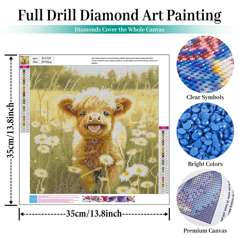 Fountor Cow Diamond Art Kits for Adults, Cute Cow Diamond Painting Kits with Round Diamonds, Flowers 5D Full Drill Diamond Art Canvas Painting Kit for Beginners Home Wall Decor 14" x 14" - Image 2