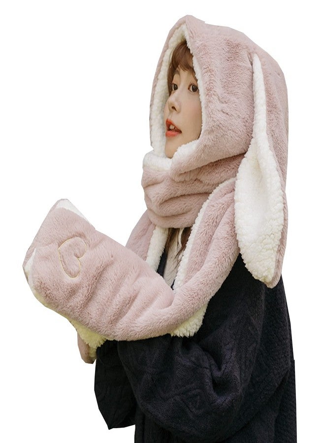 RUIXIA Women Girls Lovely Cartoon Bunny Ears Hat Scarf Gloves 3-in-1 Set Plush Fluffy Warm Hoodie Hat with Scarf Pocket Mitts Pink, One Size - Image 1