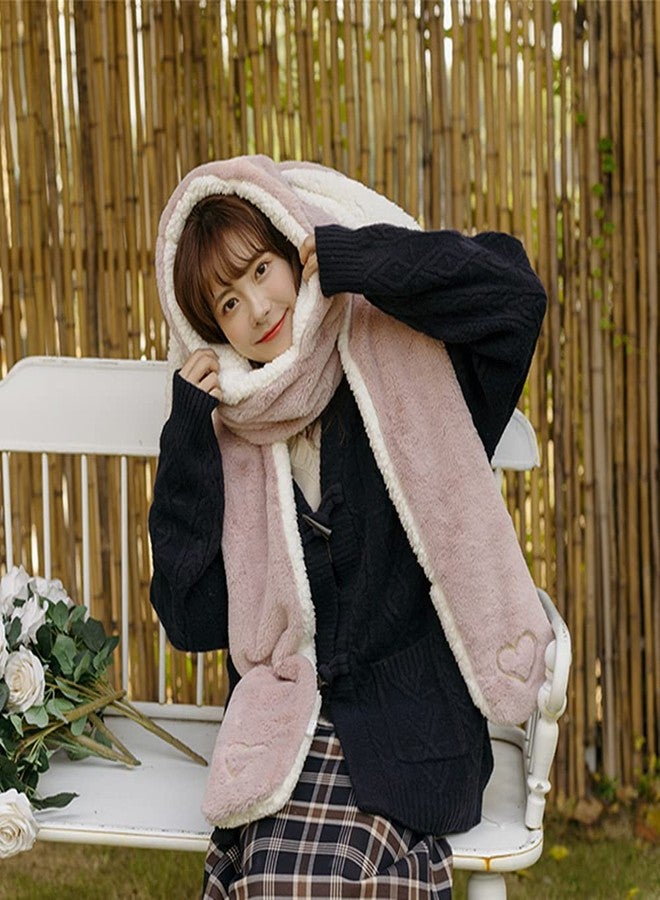 RUIXIA Women Girls Lovely Cartoon Bunny Ears Hat Scarf Gloves 3-in-1 Set Plush Fluffy Warm Hoodie Hat with Scarf Pocket Mitts Pink, One Size - Image 3