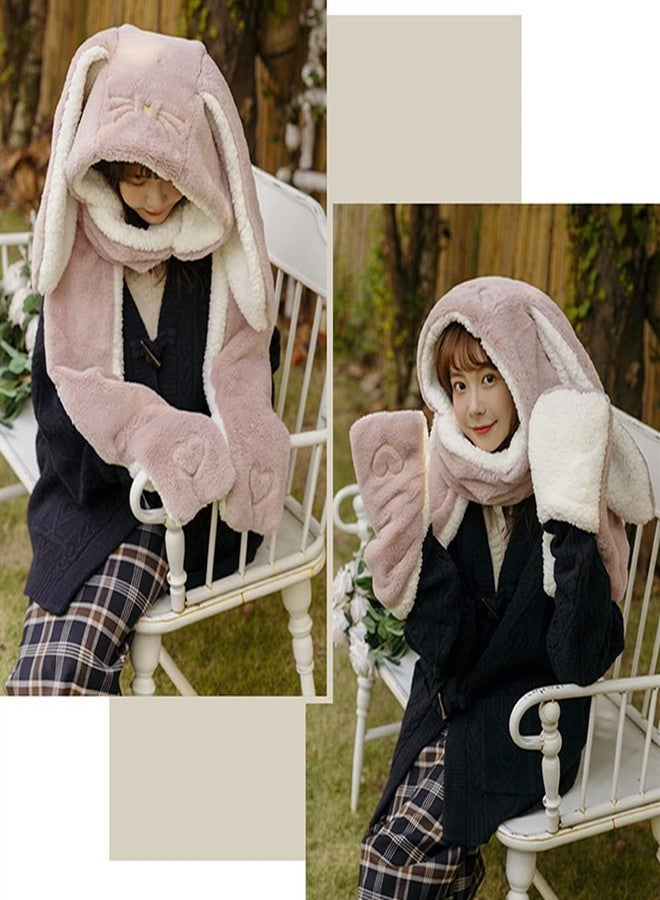 RUIXIA Women Girls Lovely Cartoon Bunny Ears Hat Scarf Gloves 3-in-1 Set Plush Fluffy Warm Hoodie Hat with Scarf Pocket Mitts Pink, One Size - Image 4