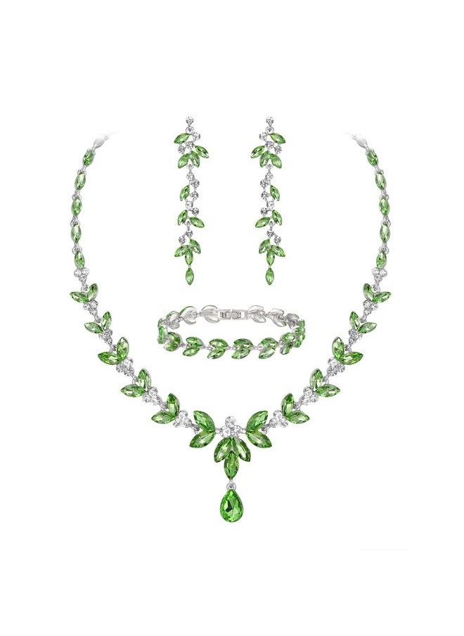 EVER FAITH Austrian Crystal Bridal Bridesmaid Jewelry Sets, St Patricks Day Marquise Rhinestone Leaf Necklace Dangle Earrings Tennis Bracelet Set Light Green Silver-Tone  - Image 1