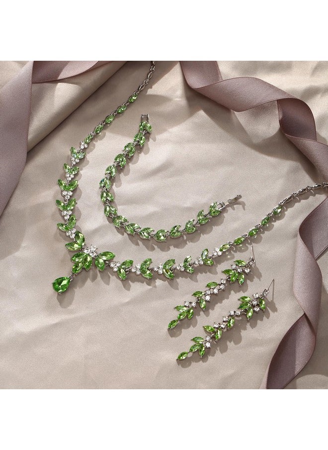 EVER FAITH Austrian Crystal Bridal Bridesmaid Jewelry Sets, St Patricks Day Marquise Rhinestone Leaf Necklace Dangle Earrings Tennis Bracelet Set Light Green Silver-Tone  - Image 4