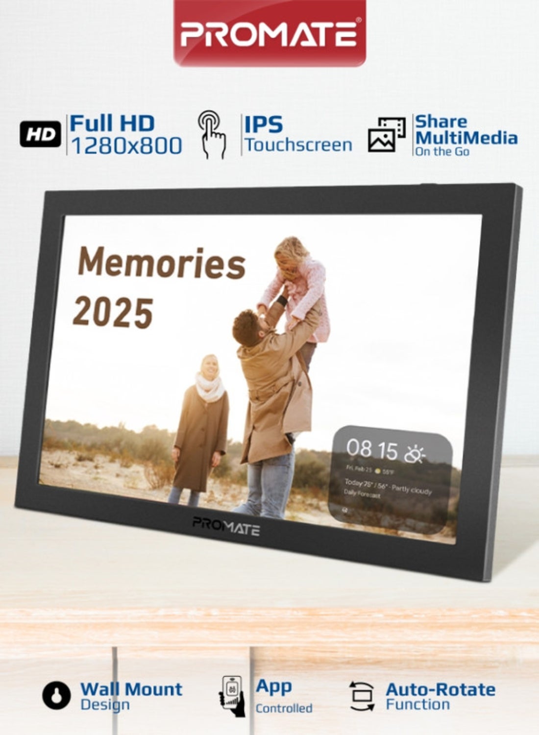 Full HD Digital Photo Frame With 10.1" Touch Screen, Wireless app Control, 16GB Storage, USB/TF Card Support, Dual Speakers, Multi Picture & Video Formats Compatibility, Memoria-10 Black