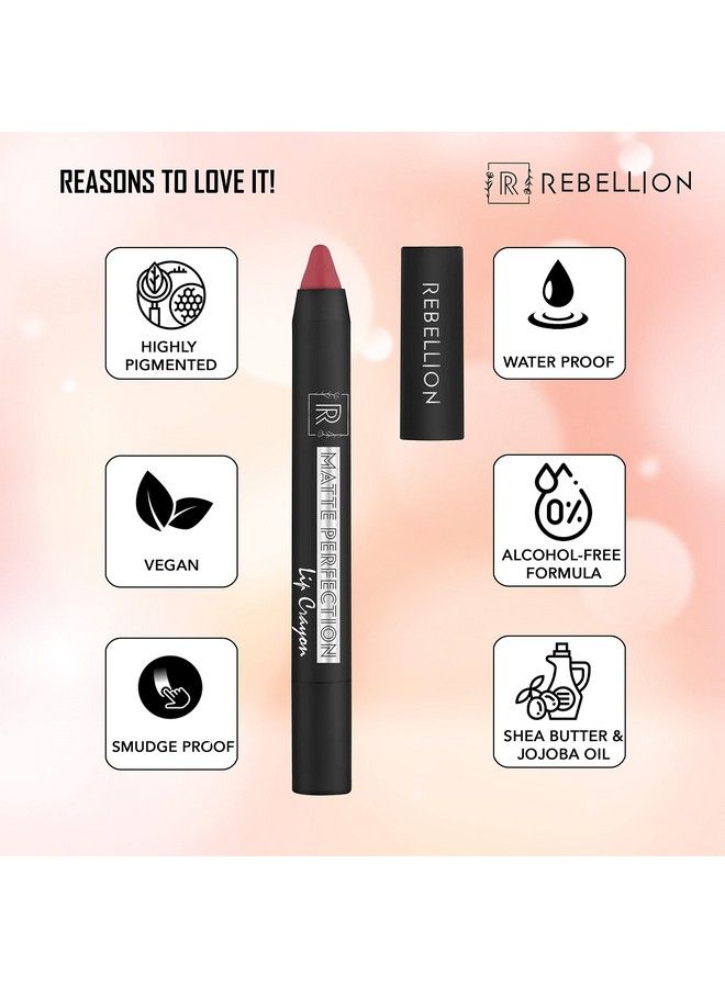 REBELLION Matte Perfection Lip Crayon ; 2.4 Gm ; Vegan ; Alcoholfree ; ; Longlasting Formula ; With Shea Butter Cocoa Butter Jojoba Oil & Moringa Oil ; Hydrating ; Sleek Look (Brave Pink 10) - Image 4