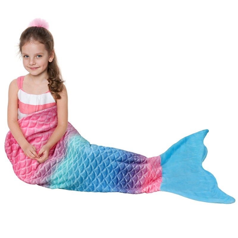 Catalonia Kids Mermaid Tail Blanket, Super Soft Plush Flannel Sleeping Snuggly Blanket for Girls, Rainbow Ombre, Fish Scale Pattern, Mermaid Gifts for Girls Birthday - Image 2