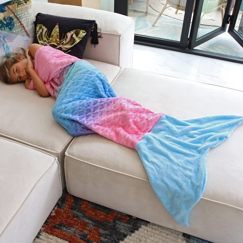 Catalonia Kids Mermaid Tail Blanket, Super Soft Plush Flannel Sleeping Snuggly Blanket for Girls, Rainbow Ombre, Fish Scale Pattern, Mermaid Gifts for Girls Birthday - Image 3