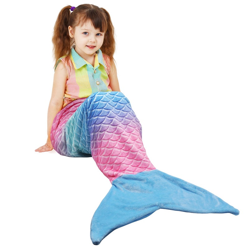 Catalonia Kids Mermaid Tail Blanket, Super Soft Plush Flannel Sleeping Snuggly Blanket for Girls, Rainbow Ombre, Fish Scale Pattern, Mermaid Gifts for Girls Birthday - Image 1