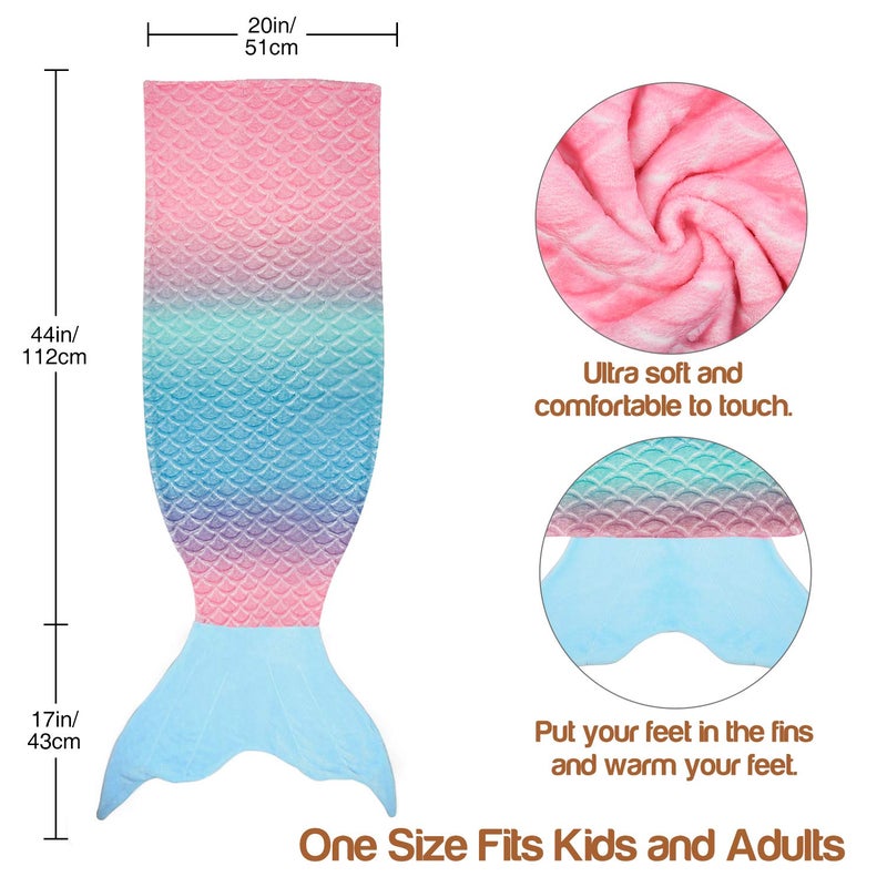Catalonia Kids Mermaid Tail Blanket, Super Soft Plush Flannel Sleeping Snuggly Blanket for Girls, Rainbow Ombre, Fish Scale Pattern, Mermaid Gifts for Girls Birthday - Image 4