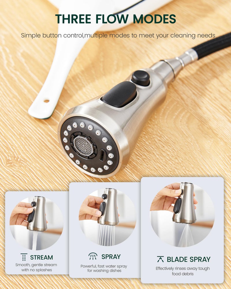 HEISOK Kitchen Faucet Head Replacement, 3-Function Pull Down Faucet Spray Head with 15 Adapters - Replacement Pull-Out Sink Spout Sprayer Nozzle, Brushed Nickel - Image 3