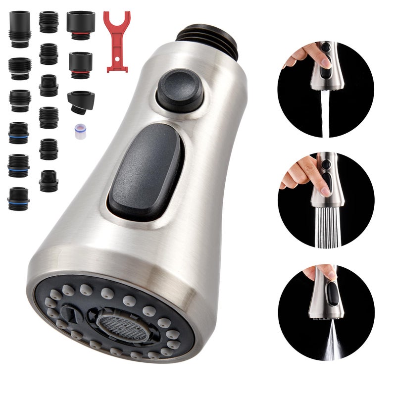HEISOK Kitchen Faucet Head Replacement, 3-Function Pull Down Faucet Spray Head with 15 Adapters - Replacement Pull-Out Sink Spout Sprayer Nozzle, Brushed Nickel - Image 1