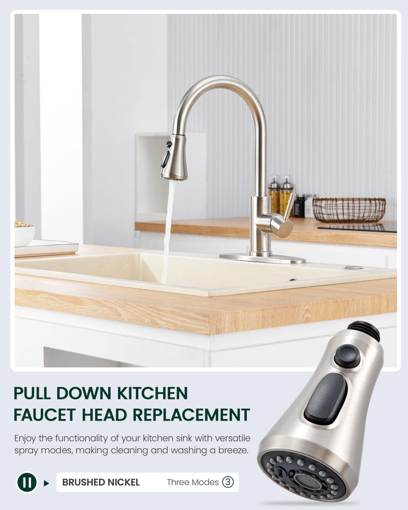 HEISOK Kitchen Faucet Head Replacement, 3-Function Pull Down Faucet Spray Head with 15 Adapters - Replacement Pull-Out Sink Spout Sprayer Nozzle, Brushed Nickel - Image 2
