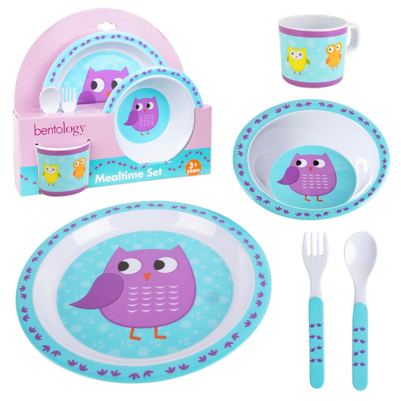 5 Pc Mealtime Baby Feeding Set for Kids and Toddlers  Includes Plate Bowl Cup Fork and Spoon Utensil Flatware  Durable Dishwasher Safe BPA Free  Owl