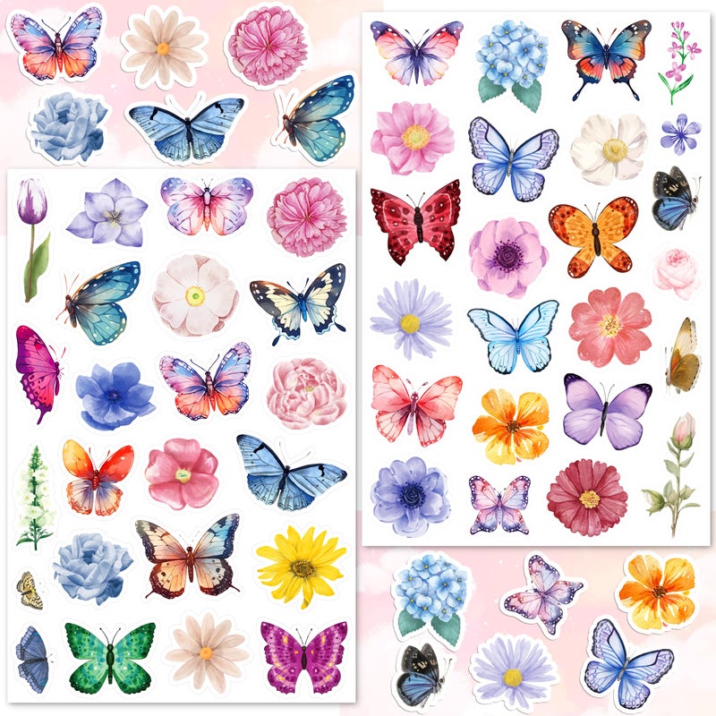 LINAYE 24 Sheets Butterfly Flower Stickers for Kids Adults, Spring Butterfly Flower Decorative Stickers Bulk for Crafts Envelops Scrapbooking, Butterfly Party Favors Supplies for Kids Classroom - Image 1