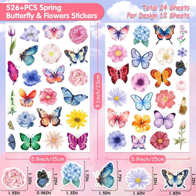 LINAYE 24 Sheets Butterfly Flower Stickers for Kids Adults, Spring Butterfly Flower Decorative Stickers Bulk for Crafts Envelops Scrapbooking, Butterfly Party Favors Supplies for Kids Classroom - Image 2