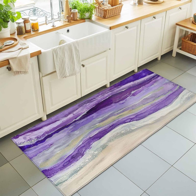 Hallway Runner Rug 2'x6', Purple Coastal Bathroom Area Rugs for Kitchen Bedroom Laundry, Spring Summer Ocean Beach Nautical Sea Wave Non Slip Door Mat Indoor Entrance Floor Throw Bedsides Carpet - Image 1