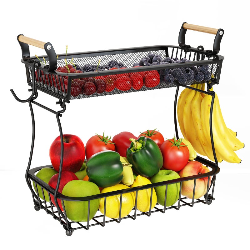 ANTOPY 2 Tier Fruit Basket with 2 Banana Hangers Countertop Fruit Vegetable Basket Bowl for Kitchen Counter Metal Mesh Basket Fruits Stand Produce Holder Organizer for Onion Potato Bread Snack Veggie