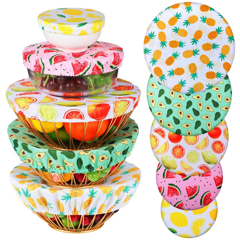 Patelai 10 Pcs Bowl Covers Reusable in 5 Size Stretch Cloth Fabric Elastic Food Storage Bowl Covers Bread Sourdough Lids for Proofing Food Fruits Leftover (Bright,Summer Style) - Image 1