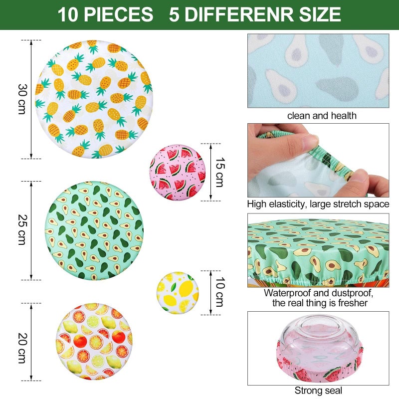 Patelai 10 Pcs Bowl Covers Reusable in 5 Size Stretch Cloth Fabric Elastic Food Storage Bowl Covers Bread Sourdough Lids for Proofing Food Fruits Leftover (Bright,Summer Style) - Image 2