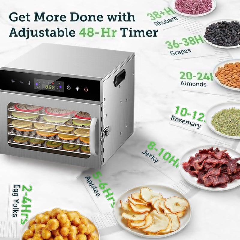 TDOO Food Dehydrator Machine, 6 Layer Stainless Steel Trays Jerky Dryer with Digital Adjustable Timer & Temperature Control, 194°F Dehydrated Dryer for Fruit, Herbs, Meat, Vegetables, Dog Treats, Yogurt - Image 2