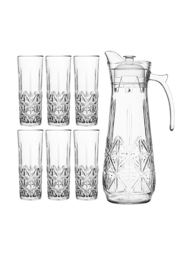 AMBSS SYS Elegant Crystle Pitcher Drinkware Set w 6 Highball Tumblers, Beautiful Jug with Lid, Handle & Spout for Chilled Beverage Homemade Juice, Iced Tea or Water (7 pc set) - Image 1