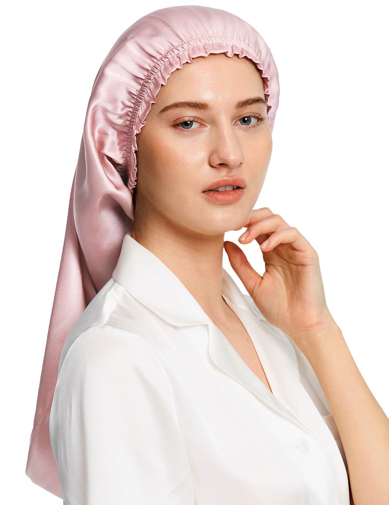LilySilk Extra Long Silk Bonnet Sleep Cap for Women Soft Adjustable Hair Bonnet for Braids,Curly,Long Hair- Soft Elastic Band, Rosy Pink - Image 1