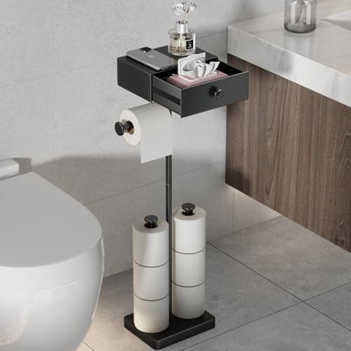 VOLDRA Toilet Paper Holder Stand with Shelf Free Standing Black Toilet Paper Roll Holder with Wipes Storage Drawer Heavy Duty Floor Bathroom Tissue Holder Freestanding No Drill Tp Holder for 7 Rolls - Image 1