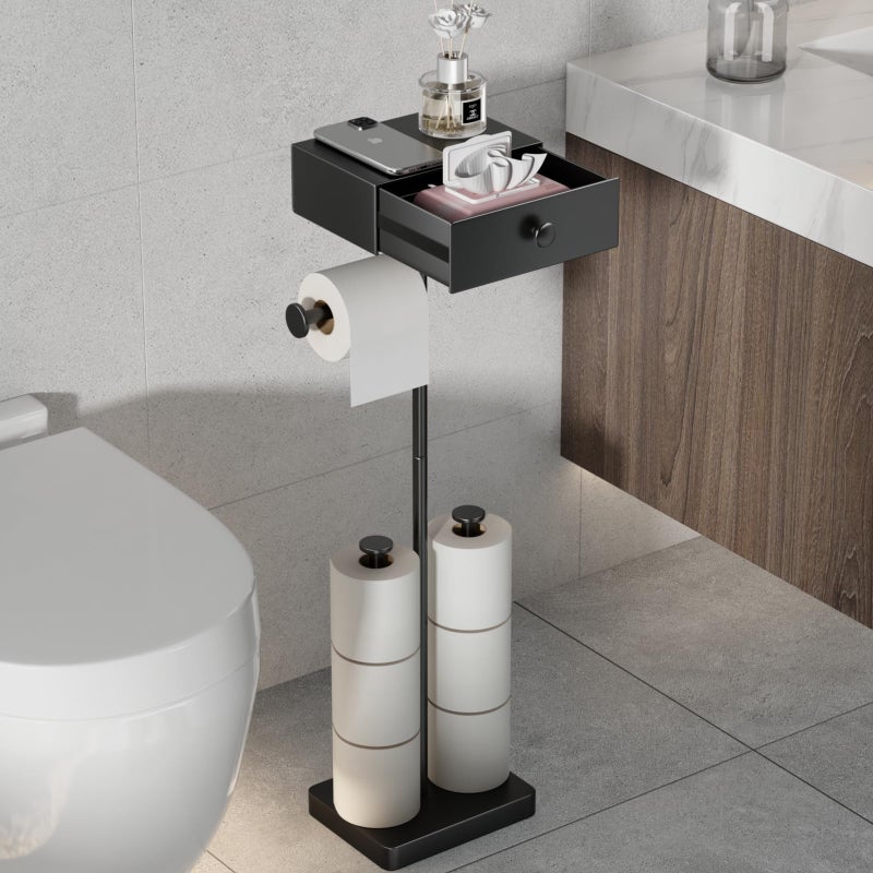 VOLDRA Toilet Paper Holder Stand with Shelf Free Standing Black Toilet Paper Roll Holder with Wipes Storage Drawer Heavy Duty Floor Bathroom Tissue Holder Freestanding No Drill Tp Holder for 7 Rolls - Image 2
