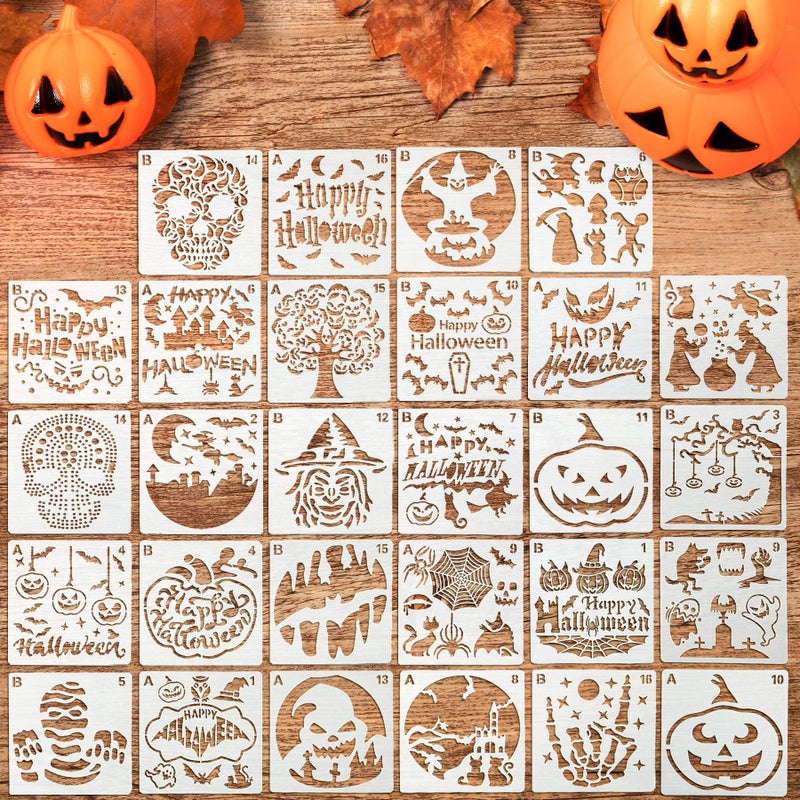 FEBSNOW FEBSNOW 32 Pcs Halloween Painting Stencils Reusable Halloween Template Pumpkin Witch Skeleton Skull Vampire for DIY Craft Drawing Painting Spraying Window Glass Wood Airbrush Walls Art 