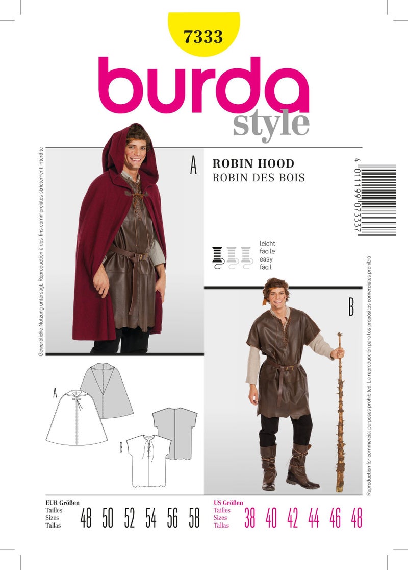 Burda Style Sewing Pattern B7333 Mens Robin Hood Costume