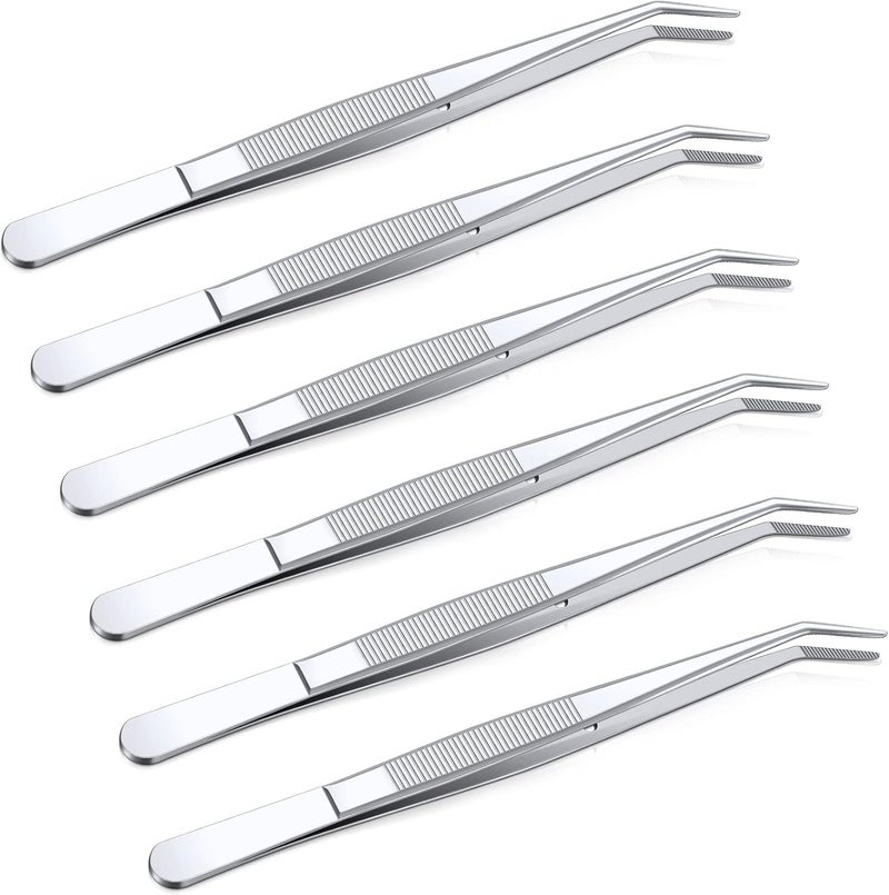 Honoson Stainless Steel Tweezers with Curved Serrated Tip Multipurpose Tweezers Sewing Machine Tweezers Forceps Tweezers for Craft, Silver (6) - Image 1