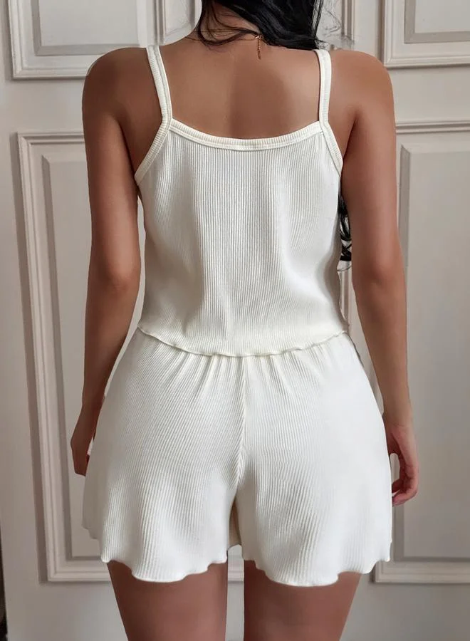 Take Two White Lace Trim Ribbed Cami and Shorts Set