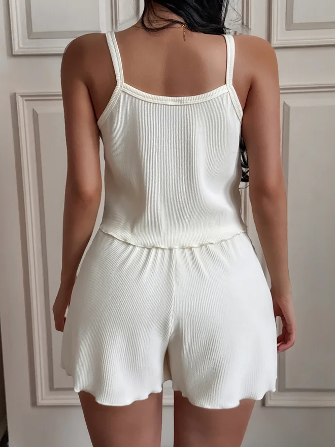 Take Two White Lace Trim Ribbed Cami and Shorts Set