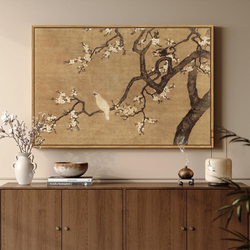 Cuspin Framed Vintage Floral Bird Zen Wall Art, Neutral Asian Plum Blossom Branch Flower Birds Canvas, Minimalist Classic Oriental Calming Painting Prints for Living Room Bedroom Chinese Wall Decor, 36x24 - Image 1