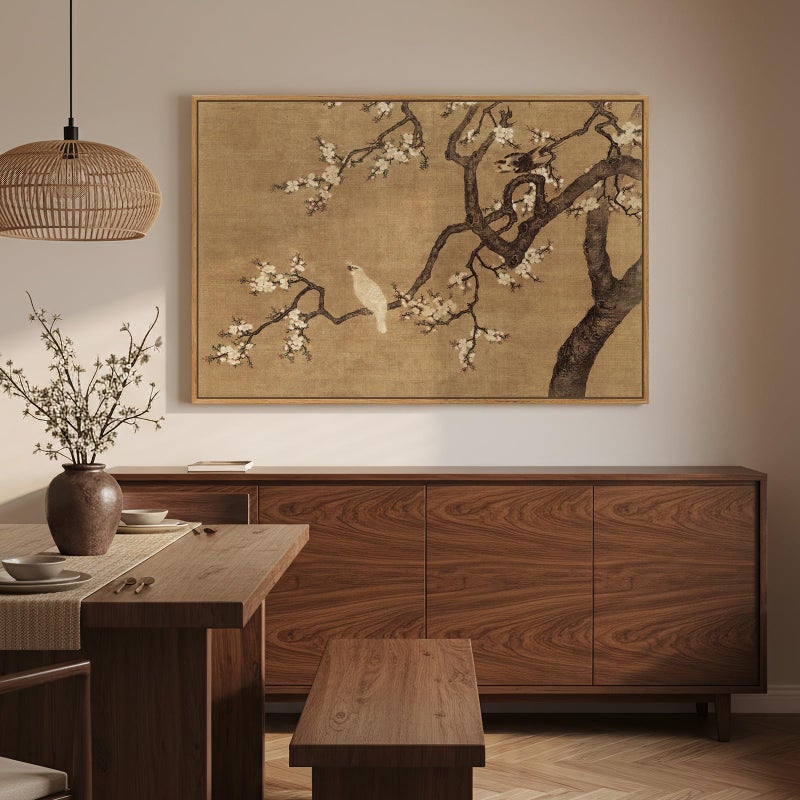 Cuspin Framed Vintage Floral Bird Zen Wall Art, Neutral Asian Plum Blossom Branch Flower Birds Canvas, Minimalist Classic Oriental Calming Painting Prints for Living Room Bedroom Chinese Wall Decor, 36x24 - Image 4