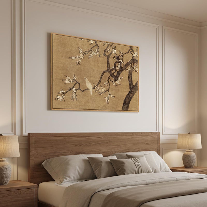 Cuspin Framed Vintage Floral Bird Zen Wall Art, Neutral Asian Plum Blossom Branch Flower Birds Canvas, Minimalist Classic Oriental Calming Painting Prints for Living Room Bedroom Chinese Wall Decor, 36x24 - Image 2