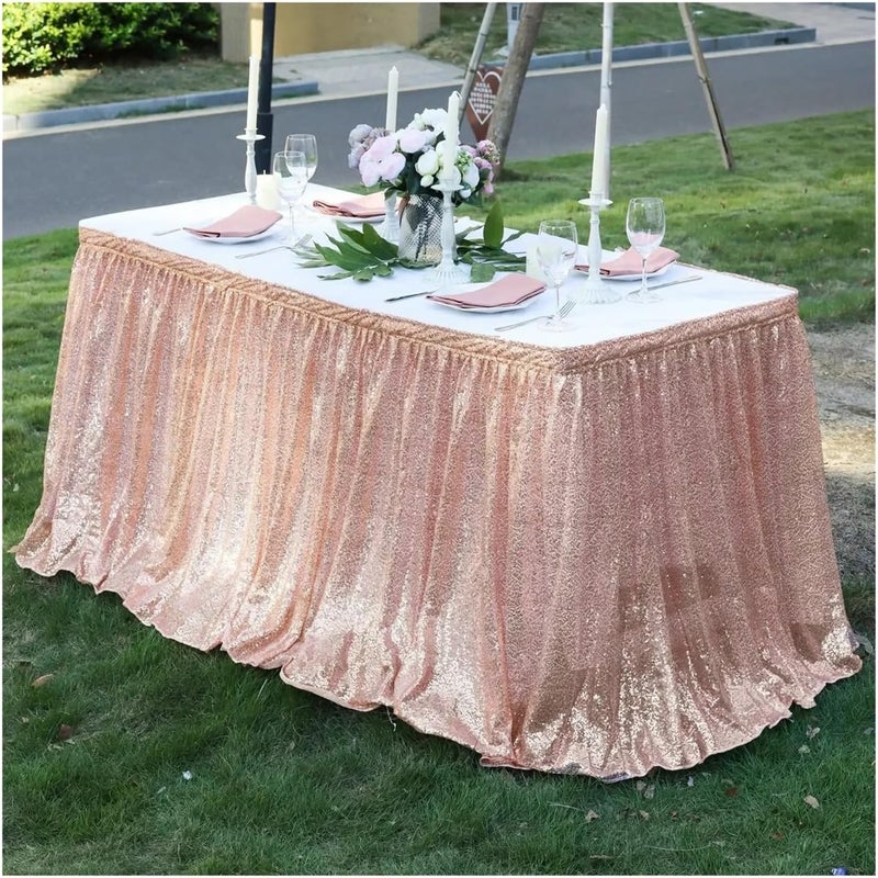 Party Table Skirt Light Gold Sequin Table Skirt Tablecloth Glitter Sparkly Shimmer Rectangle Covers for Birthday Party Event Wedding(White,4ft 70x122cm) - Image 2