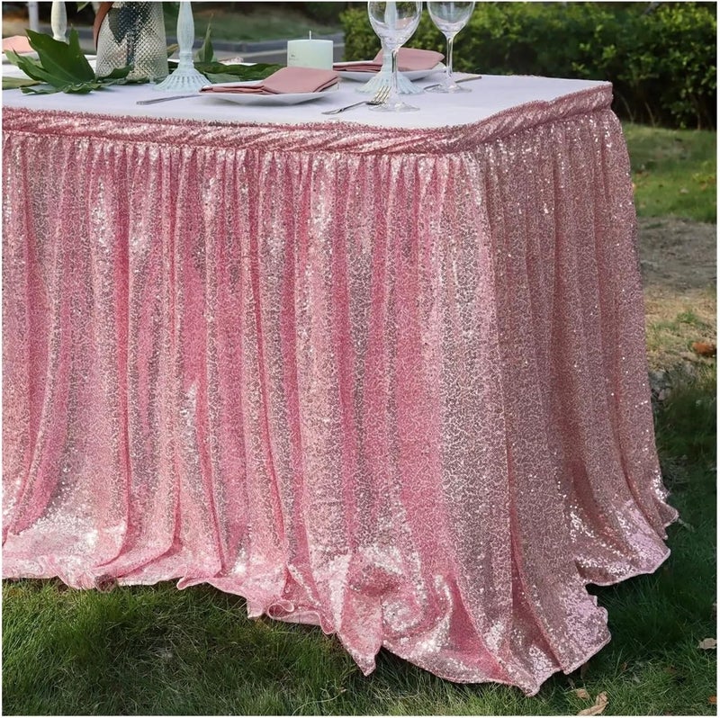 Party Table Skirt Light Gold Sequin Table Skirt Tablecloth Glitter Sparkly Shimmer Rectangle Covers for Birthday Party Event Wedding(White,4ft 70x122cm) - Image 4