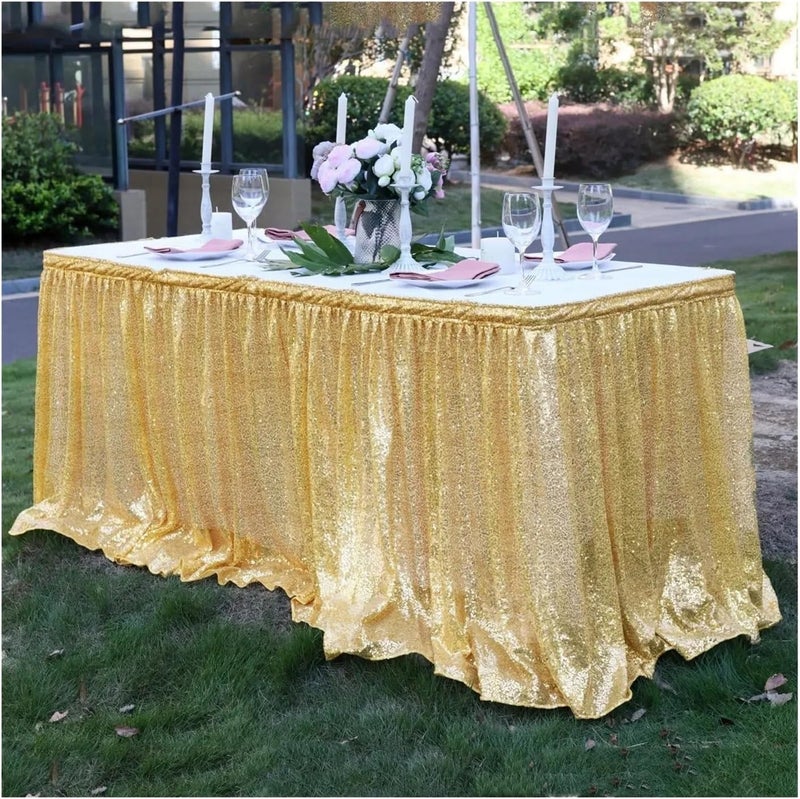 Party Table Skirt Light Gold Sequin Table Skirt Tablecloth Glitter Sparkly Shimmer Rectangle Covers for Birthday Party Event Wedding(White,4ft 70x122cm) - Image 3